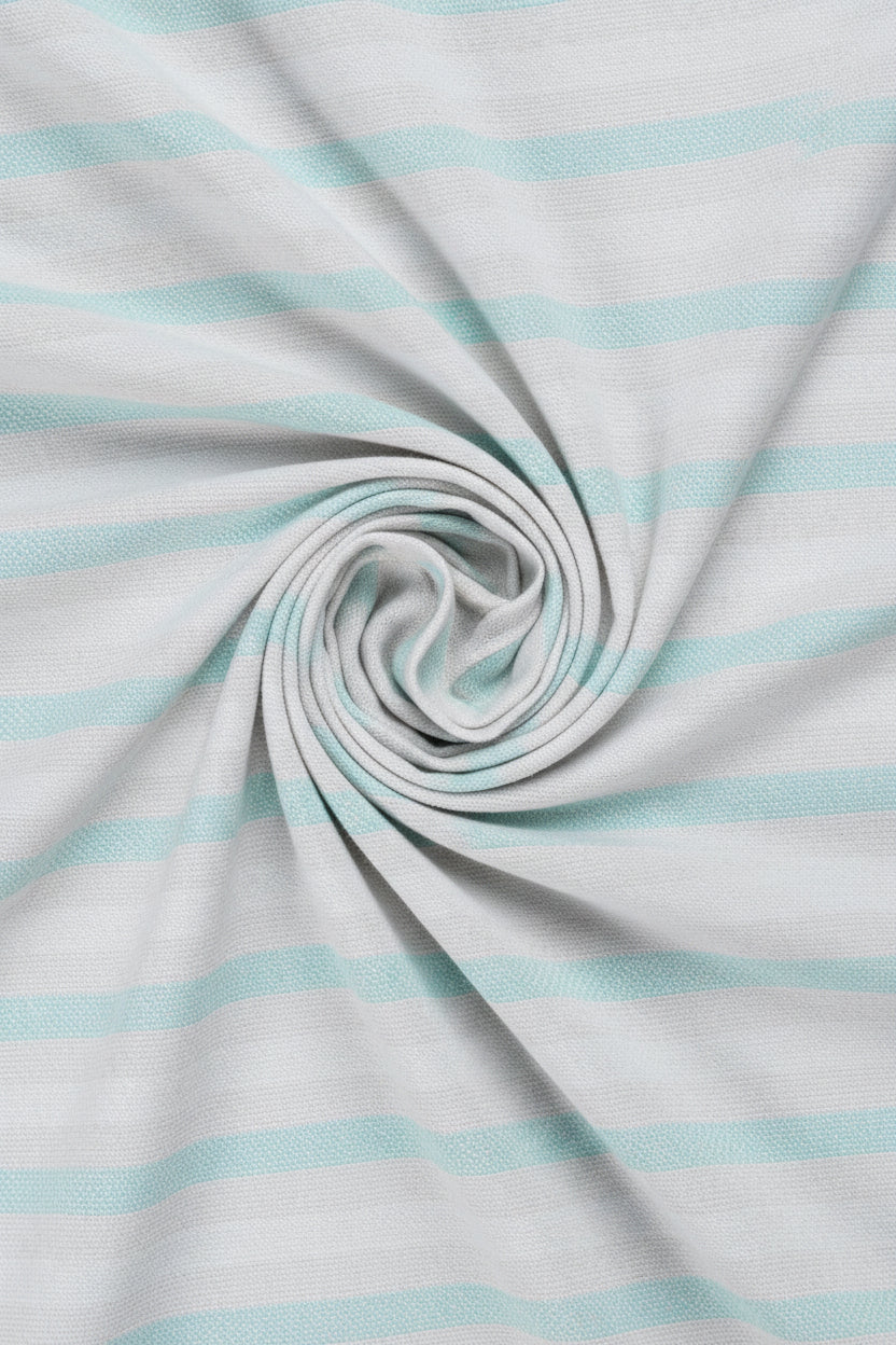 Arvind Tresca shirt fabric in premium cotton with silver and turquoise blue stripes, showcasing a close-up of the striped textile.