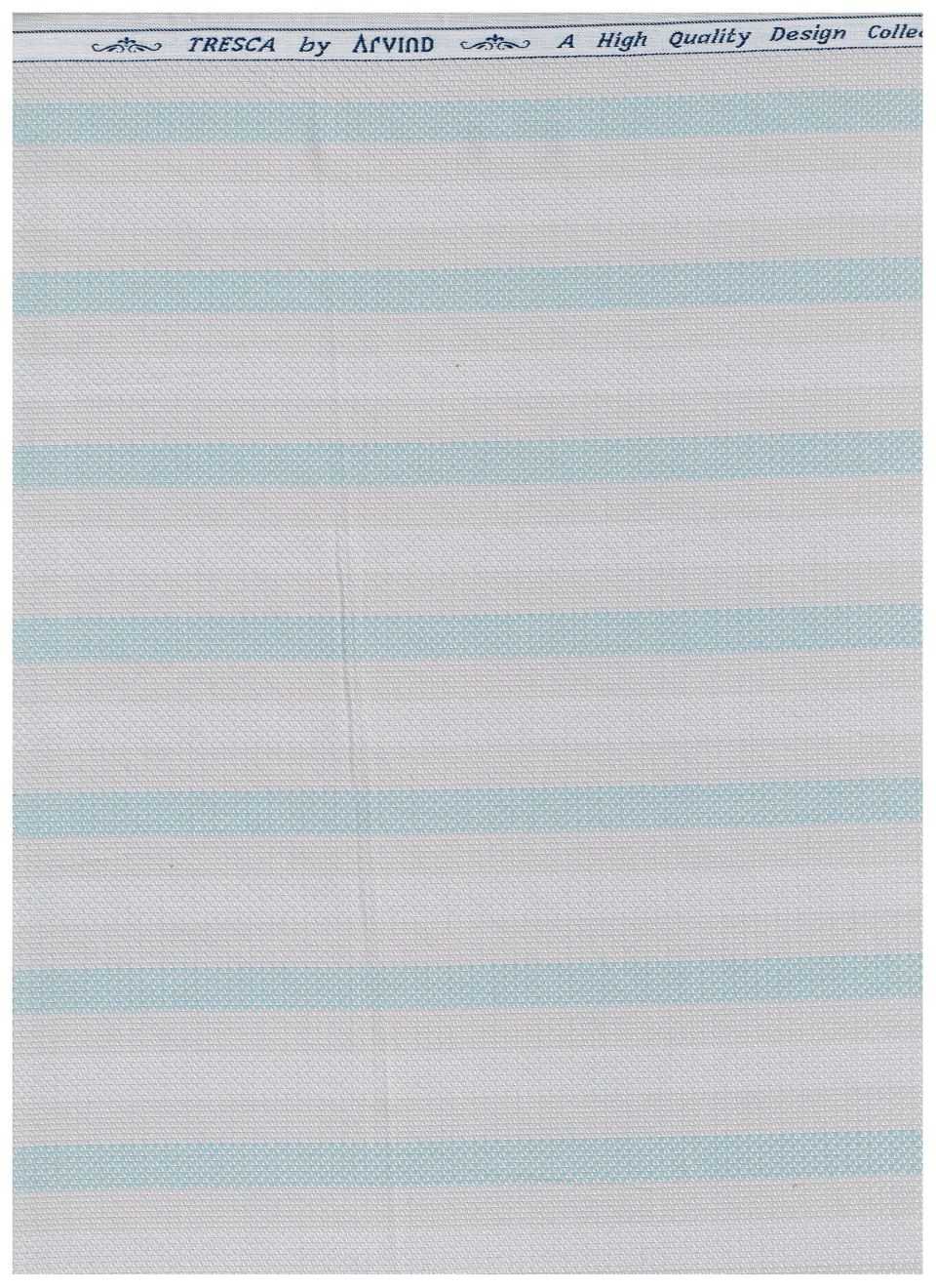 Arvind Tresca cotton striped shirting fabric in silver and turquoise blue, featuring a lightweight, unstitched design.