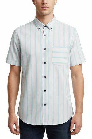 Arvind Tresca cotton shirt fabric with silver and turquoise blue stripes, showcasing premium quality and detailed woven pattern.