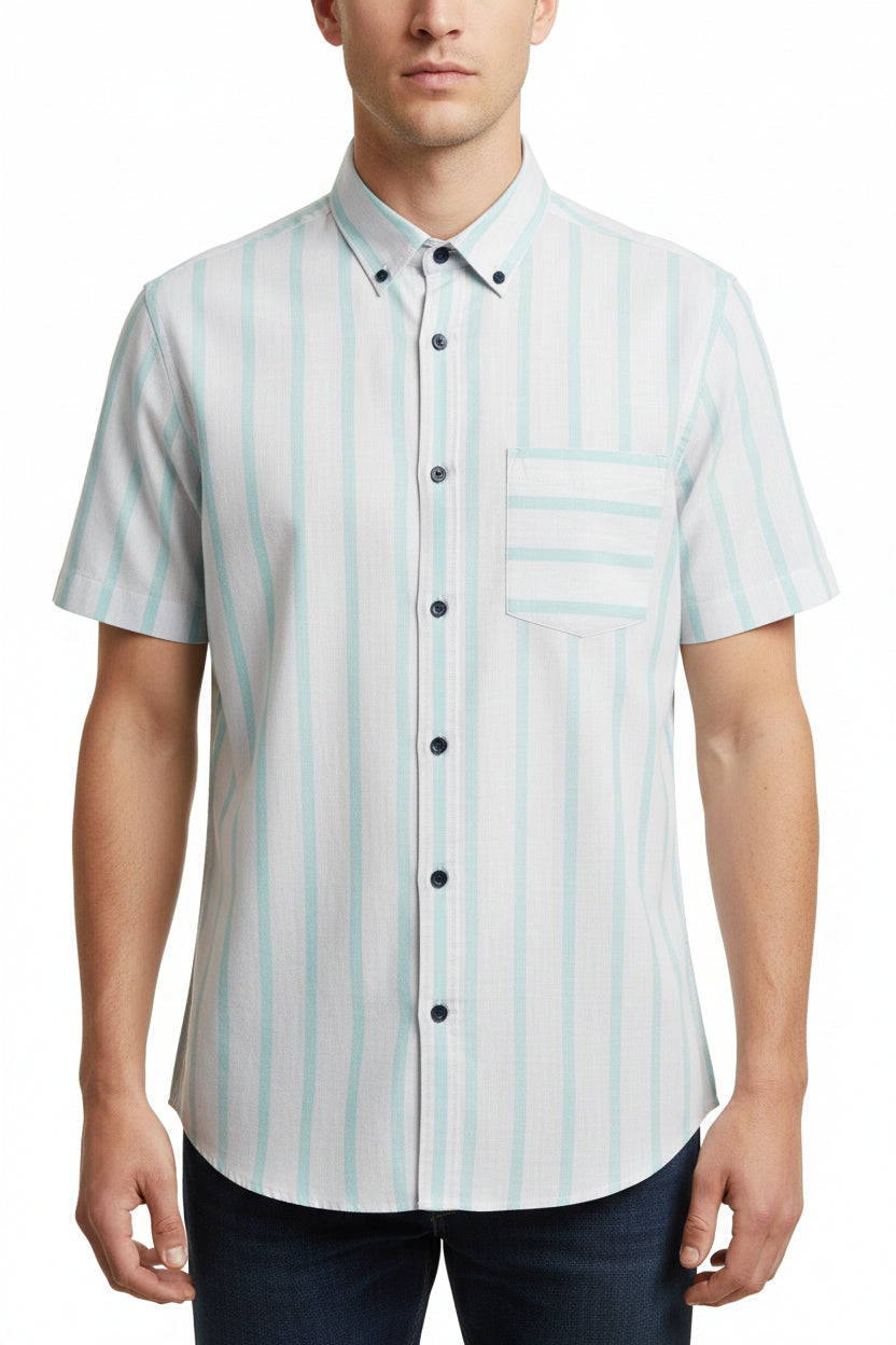 Arvind Tresca cotton shirt fabric with silver and turquoise blue stripes, showcasing premium quality and detailed woven pattern.