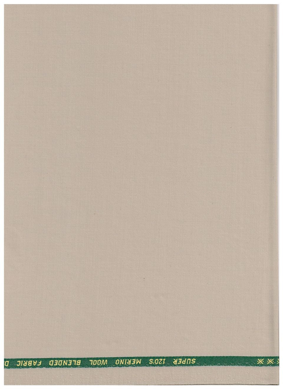 A plain woven fabric sample card in a warm light beige/taupe color, with a dark green printed header strip across the top edge containing text about wool blended fabric.