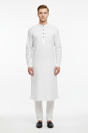 readymade arvind cotton kurta with black stripe on white