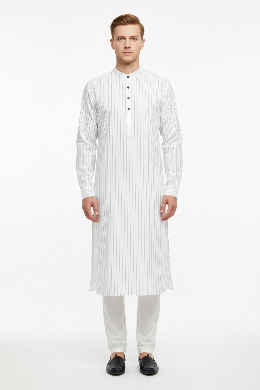 readymade arvind cotton kurta with black stripe on white