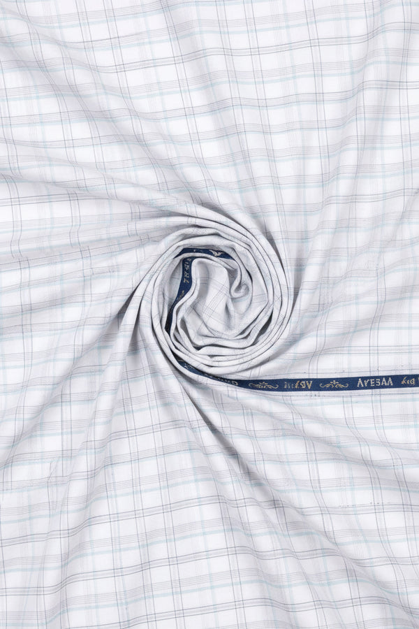 White Arvind Tresca shirt fabric with check pattern, premium cotton material suitable for tailoring and shirt making.