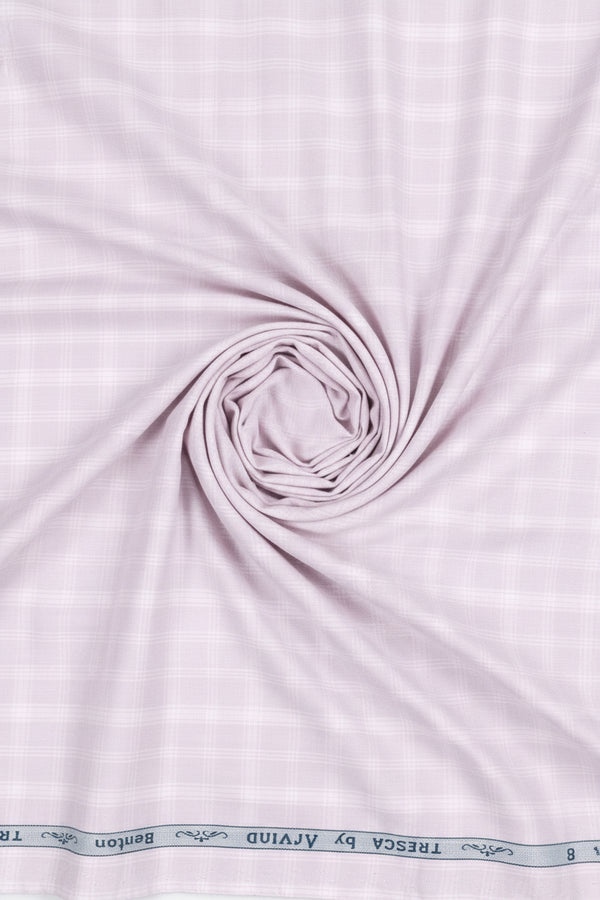 Light purple checks Arvind Tresca cotton shirt fabric, premium quality textile for shirt making.