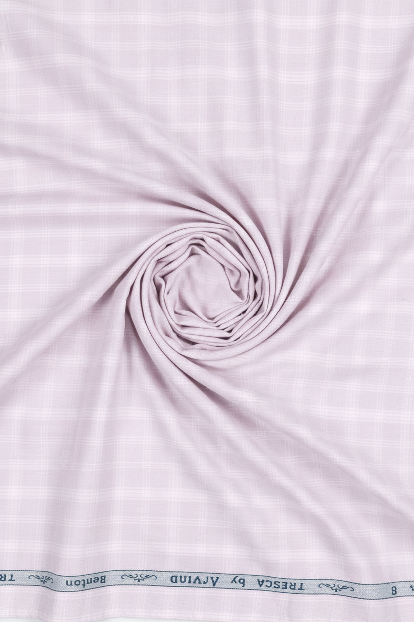 Light purple checks Arvind Tresca cotton shirt fabric, premium quality textile for shirt making.