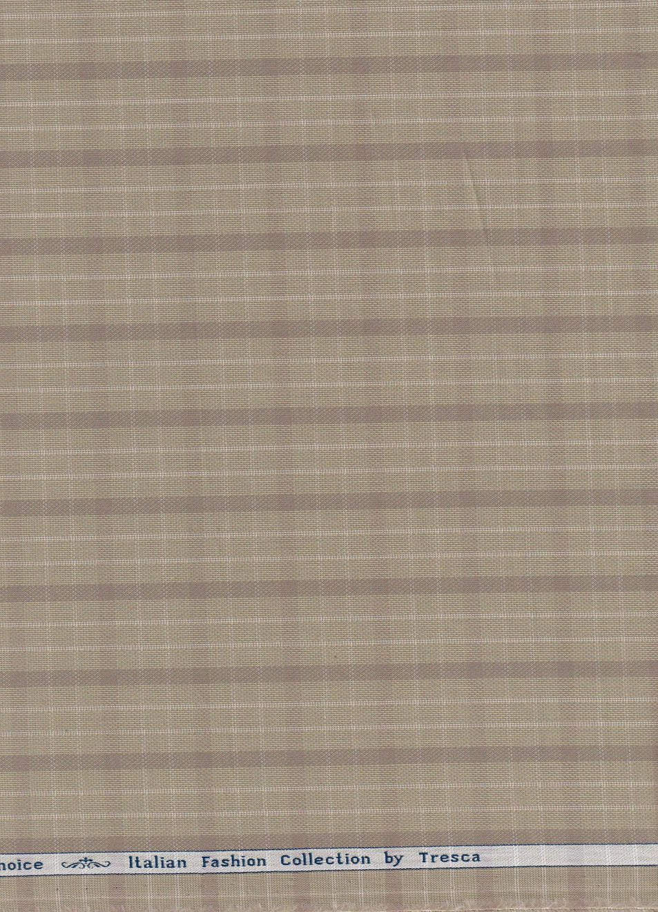Arvind Tresca cotton shirt fabric with brown check pattern on beige tan background, showcasing premium cotton material.
