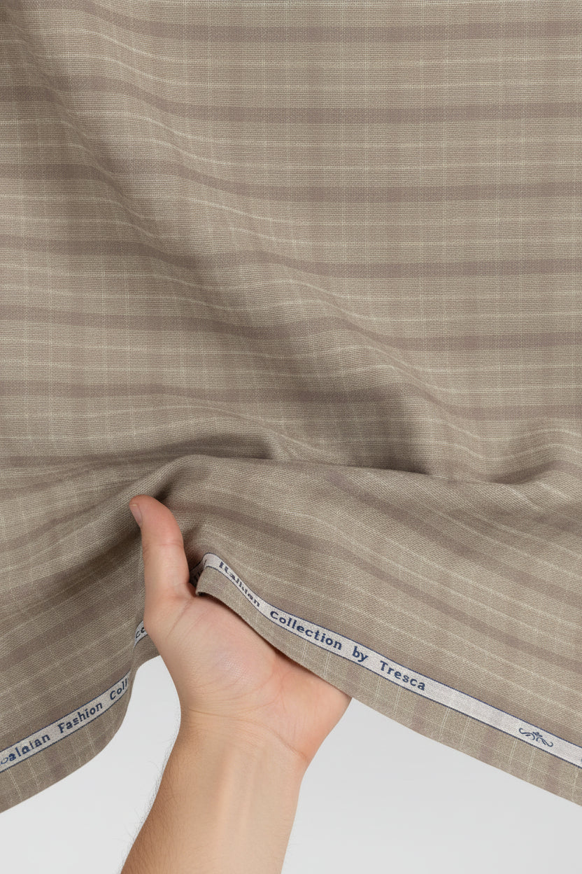 Brown checks on beige tan background Arvind Tresca cotton shirt fabric, premium cotton material with a detailed close-up view.