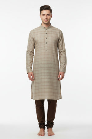 readymade arvind cotton kurta in beige checks fabric