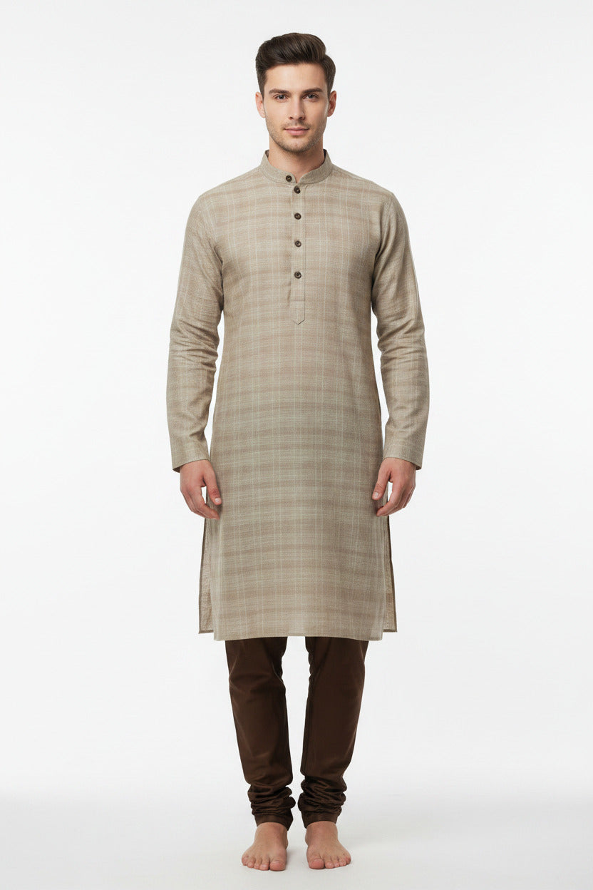 readymade arvind cotton kurta in beige checks fabric