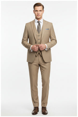Georgia Gullini Italy unstitched poly wool Super 130's khaki trousers and suiting fabric, close-up of fabric texture and color.