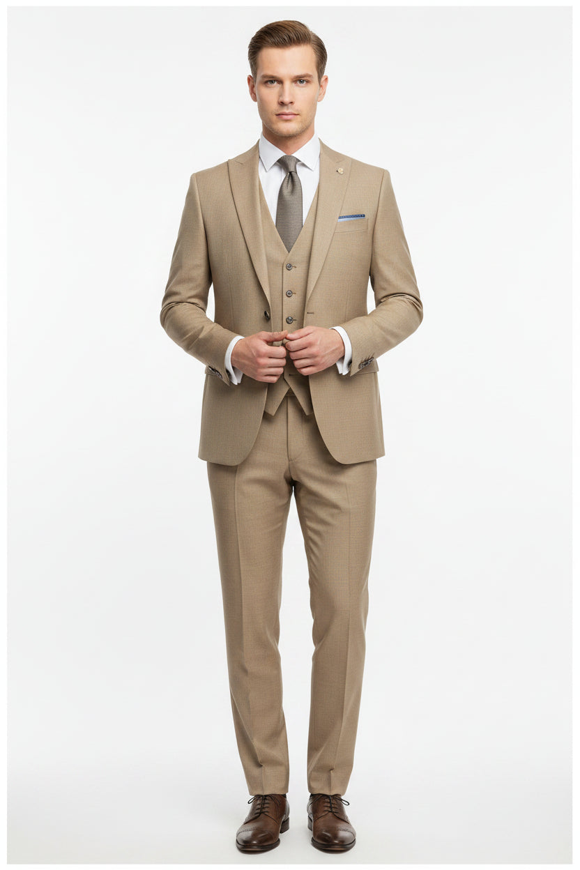 Georgia Gullini Italy unstitched poly wool Super 130's khaki trousers and suiting fabric, close-up of fabric texture and color.