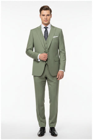 Olive green unstitched poly wool Super 130’s trousers and suiting fabric by Georgia Gullini of Italy, showing fabric texture and color.