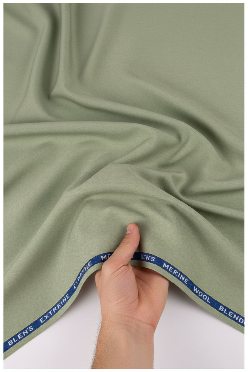 Olive green Georgia Gullini of Italy unstitched poly wool Super 130’s trousers and suiting fabric, showcasing fabric texture and color.