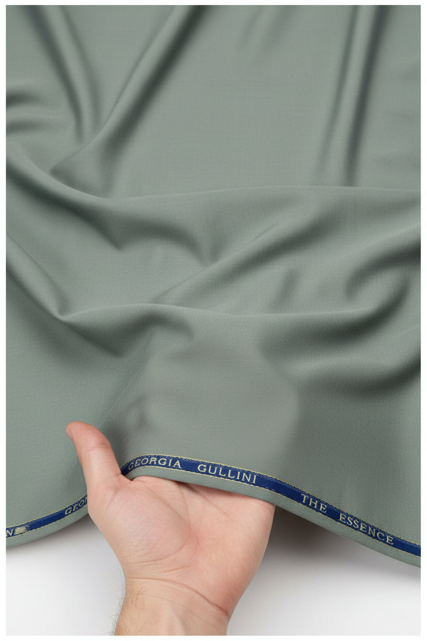 Georgia Gullini Italy unstitched poly wool Super 100’s fabric in Laurel Green, suitable for trousers and suiting garments.