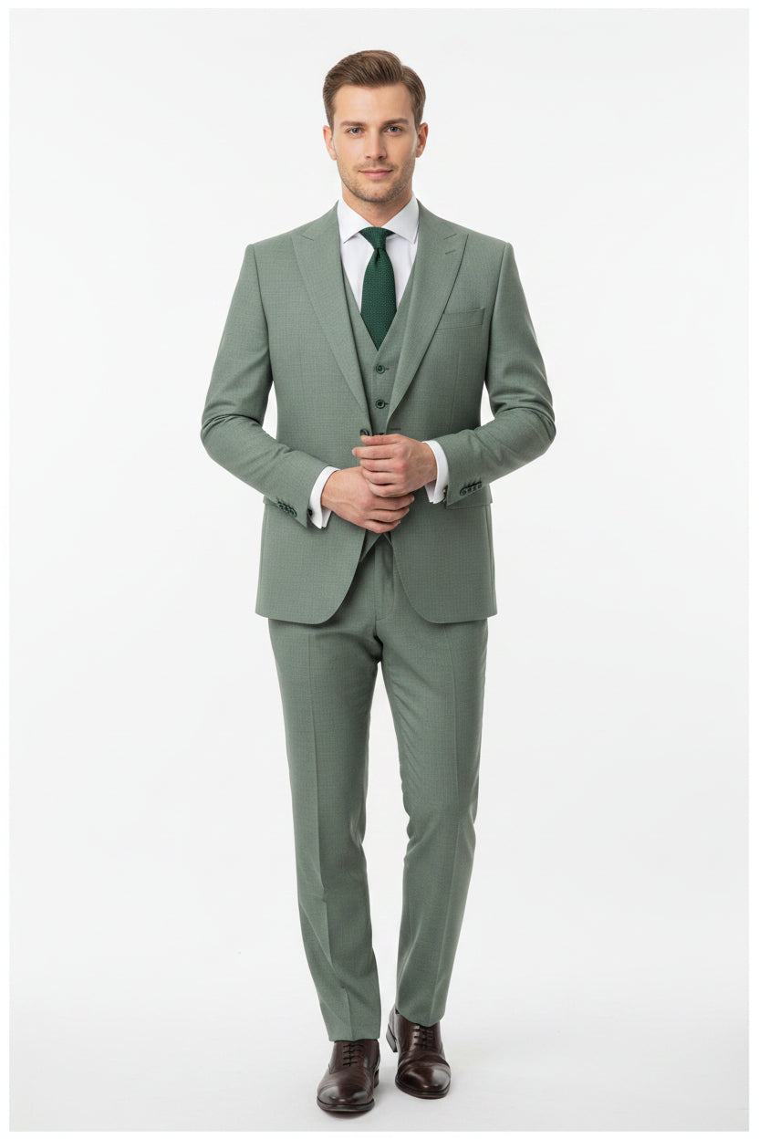 Georgia Gullini Italy unstitched poly wool Super 100’s fabric in Laurel Green, showing texture and fabric details.