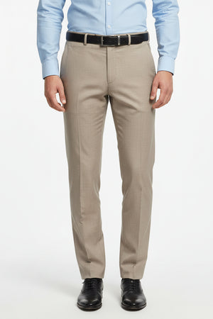 Georgia Gullini Italy poly wool Super 120’s khaki trousers and suiting fabric, tailored and textured for formal wear.