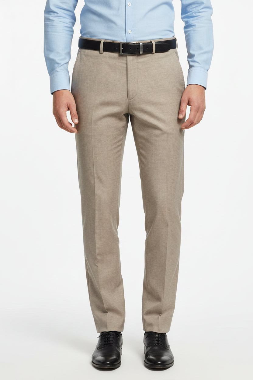 Georgia Gullini Italy poly wool Super 120’s khaki trousers and suiting fabric, tailored and textured for formal wear.