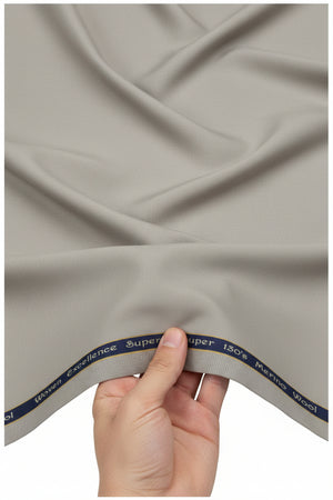 Georgia Gullini of Italy smoke grey poly wool Super 130’s trousers and suiting fabric, close-up of fabric texture and color.