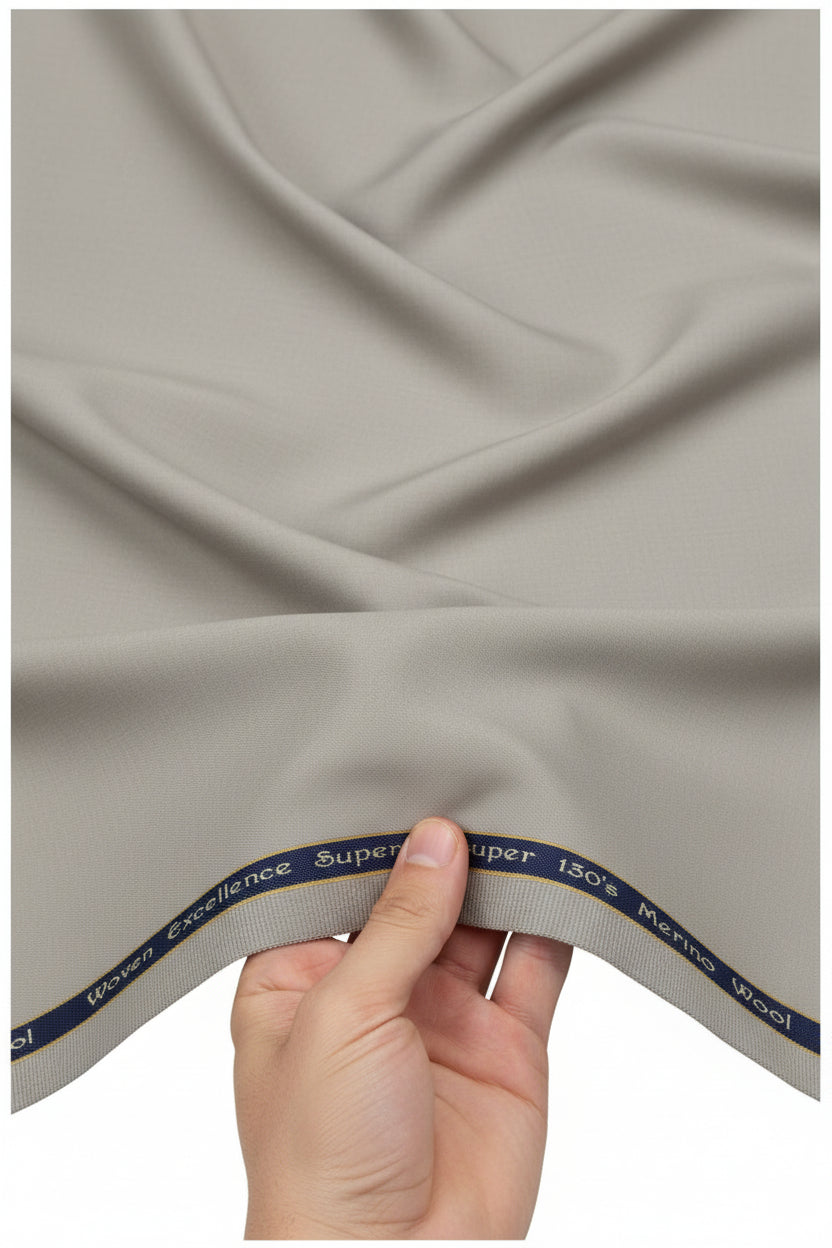 Georgia Gullini of Italy smoke grey poly wool Super 130’s trousers and suiting fabric, close-up of fabric texture and color.