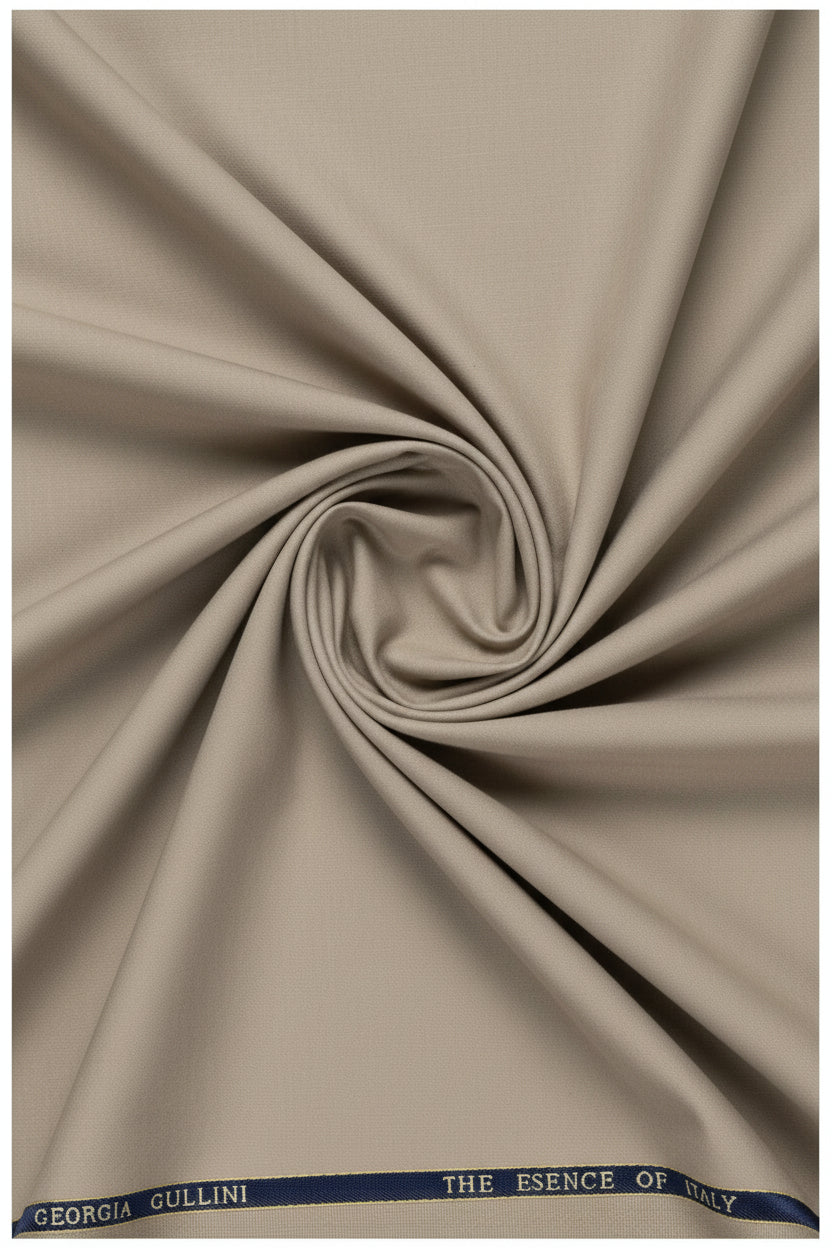 Georgia Gullini of Italy khaki poly wool Super 130’s trousers and suiting fabric, close-up of the fabric texture and color.