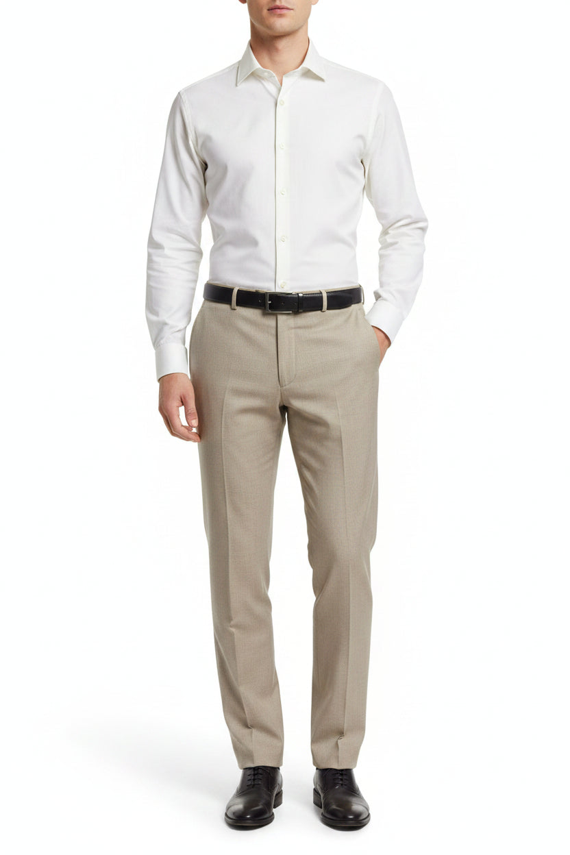 Georgia Gullini of Italy khaki poly wool Super 130’s trousers and suiting fabric, close-up of textured fabric and tailored fit