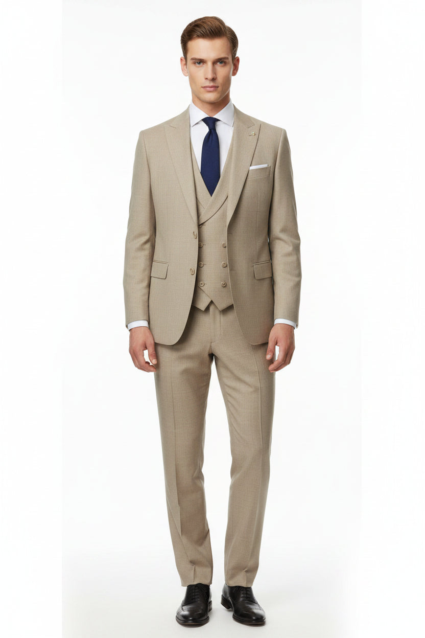 Georgia Gullini Italy unstitched poly wool Super 130’s trousers and suiting fabric in khaki, showcasing fabric texture and color.