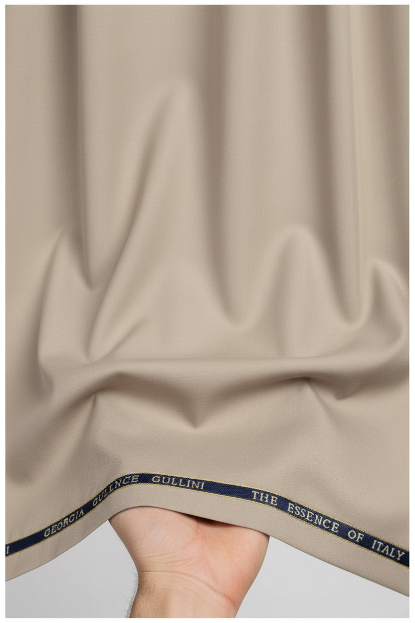 Georgia Gullini Italy unstitched poly wool Super 130’s trousers and suiting fabric in khaki, fabric close-up showing texture and weave.