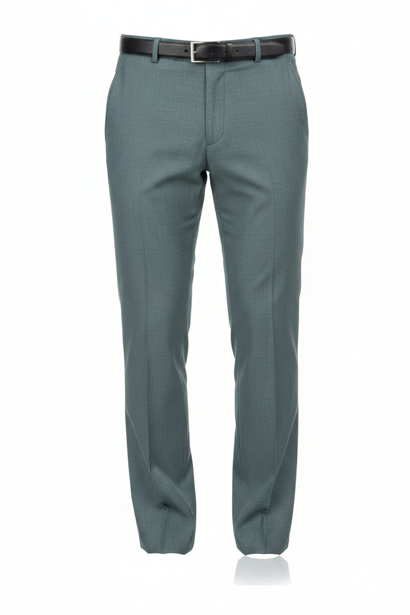 Georgia Gullini Italy steel armor poly wool Super 100’s trousers and suiting fabric, showing the textured fabric close-up.