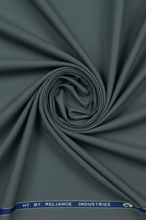 Georgia Gullini Italy Super 100’s poly wool fabric for trousers and suiting, steel armor color, close-up of woven textile.