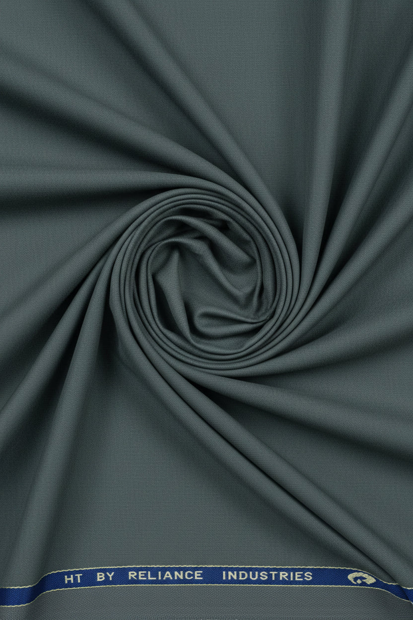 Georgia Gullini Italy Super 100’s poly wool fabric for trousers and suiting, steel armor color, close-up of woven textile.