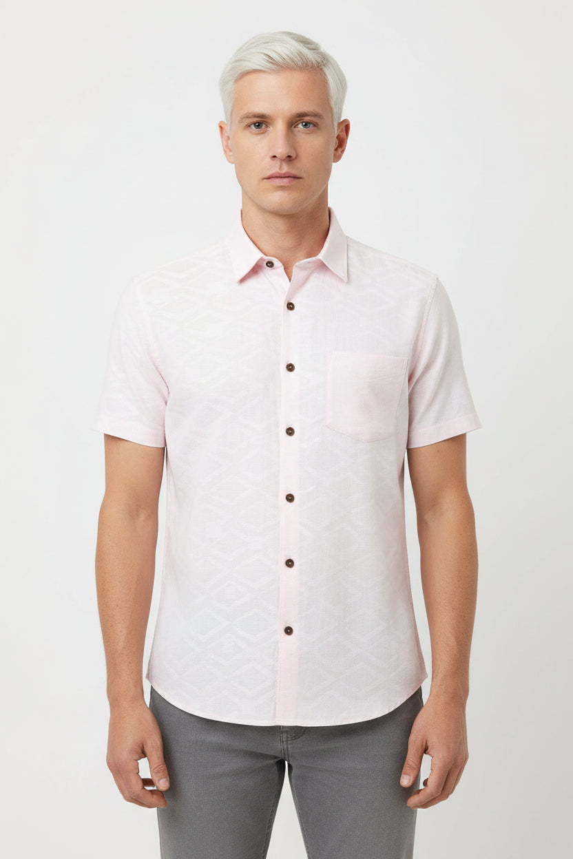 Pink Arvind Tresca Jacquard unstitched shirting fabric, detailed woven design for custom shirts or clothing projects.