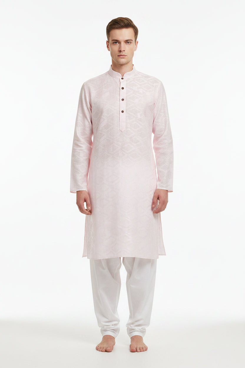 Pink Arvind Tresca Jacquard unstitched shirting fabric, detailed floral pattern and intricate weaving for stylish garments.