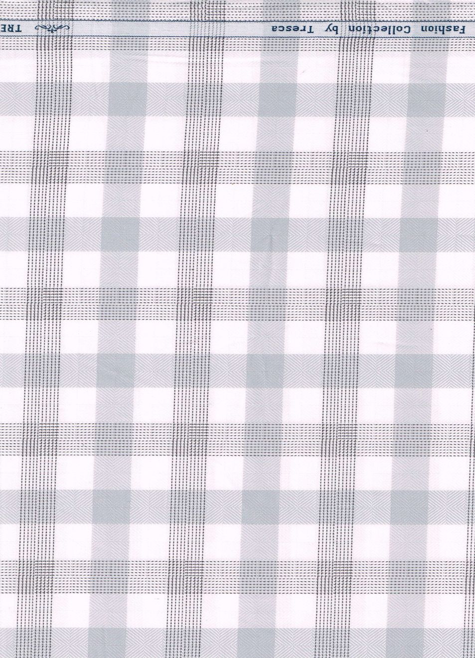 Arvind Tresca cotton unstitched shirting fabric with grey check pattern on white background, suitable for custom shirts.
