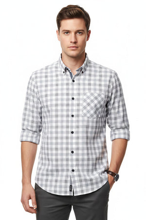 Grey checkered Arvind Tresca cotton shirting fabric, unstitched material with white background, suitable for custom shirts and apparel.