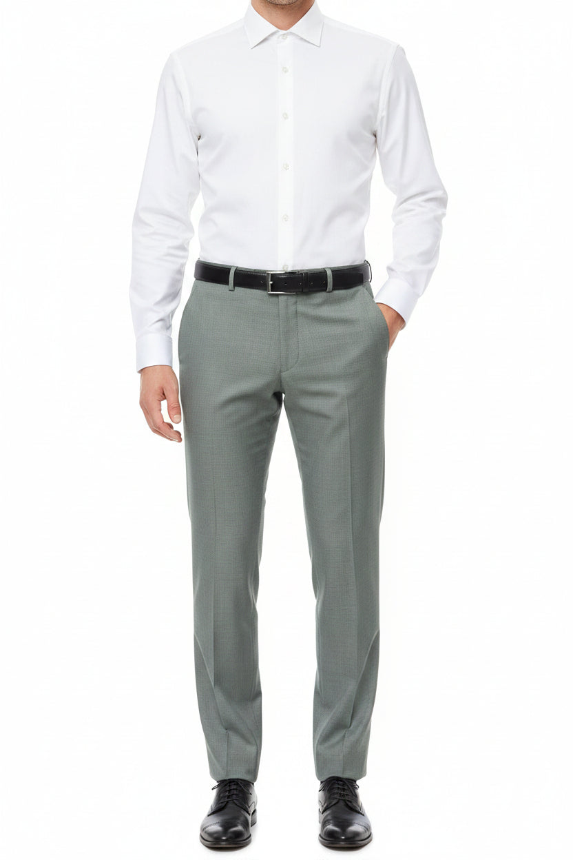 Grey Georgia Gullini of Italy super 120's poly wool trousers and suiting fabric, showcasing the textured fabric and tailored design.