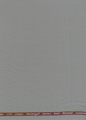 Grey Georgia Gullini of Italy unstitched Super 120’s poly wool trousers and suiting fabric, showing the fabric texture and color.