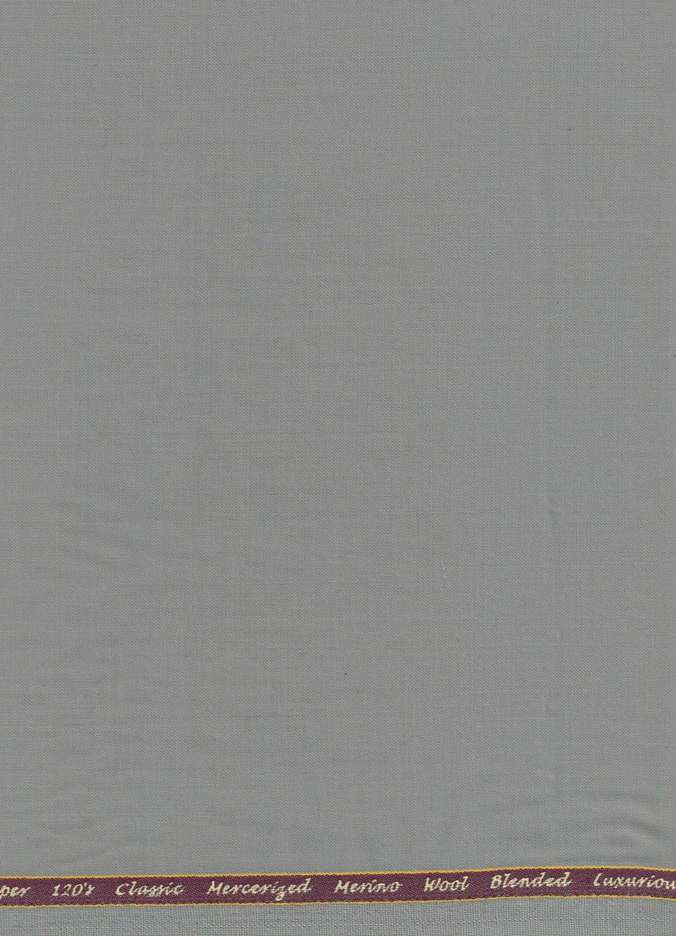 Grey Georgia Gullini of Italy unstitched Super 120’s poly wool trousers and suiting fabric, showing the fabric texture and color.