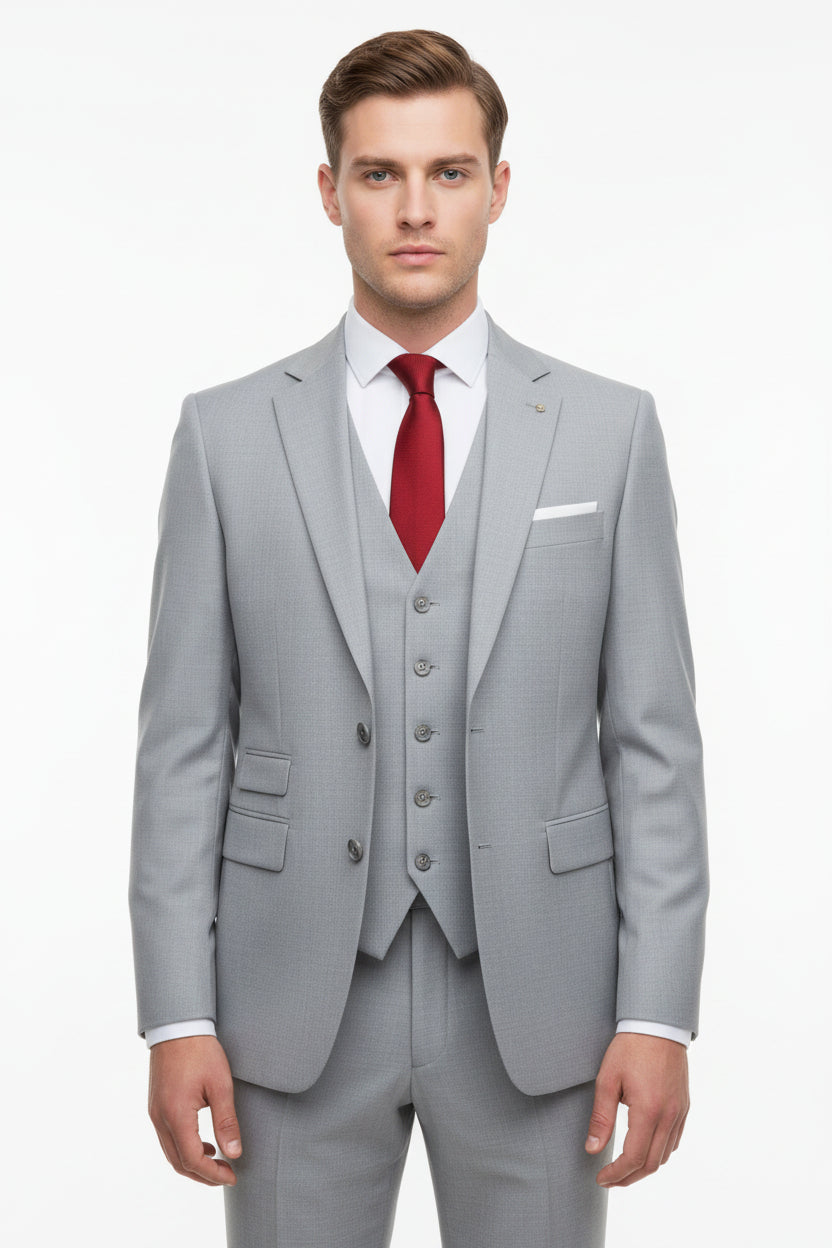 Grey Georgia Gullini of Italy super 120’s polywool unstitched trousers and suiting fabric, close-up of fabric texture.