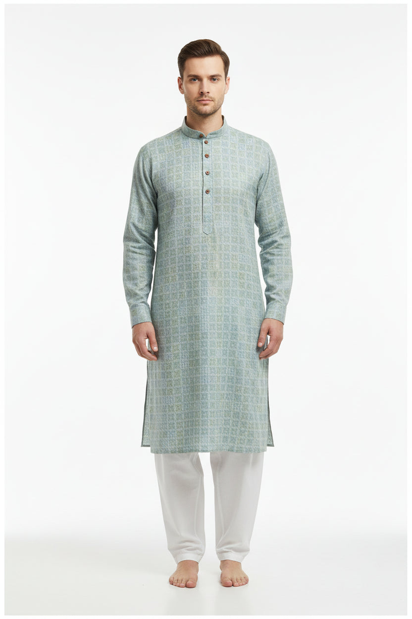 Green multicolor Arvind Tresca shirt fabric made of Giza cotton, showcasing intricate woven patterns and vibrant design details.