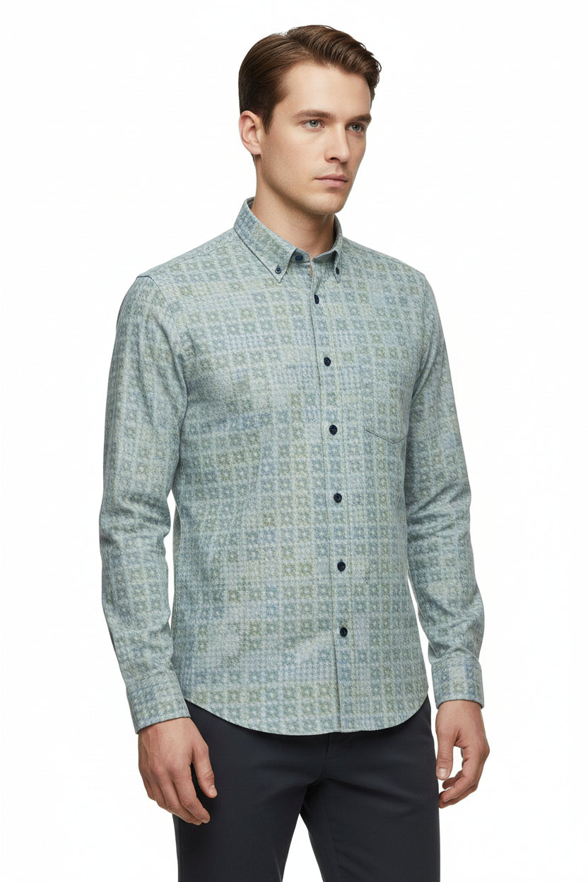 Green multicolor Arvind Tresca Giza cotton shirt fabric with intricate pattern and smooth texture, ideal for stylish shirts and garments.