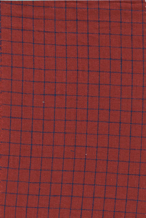 Red and blue checkered linen shirt fabric by ARVIND, showcasing a detailed close-up of the woven textile pattern.