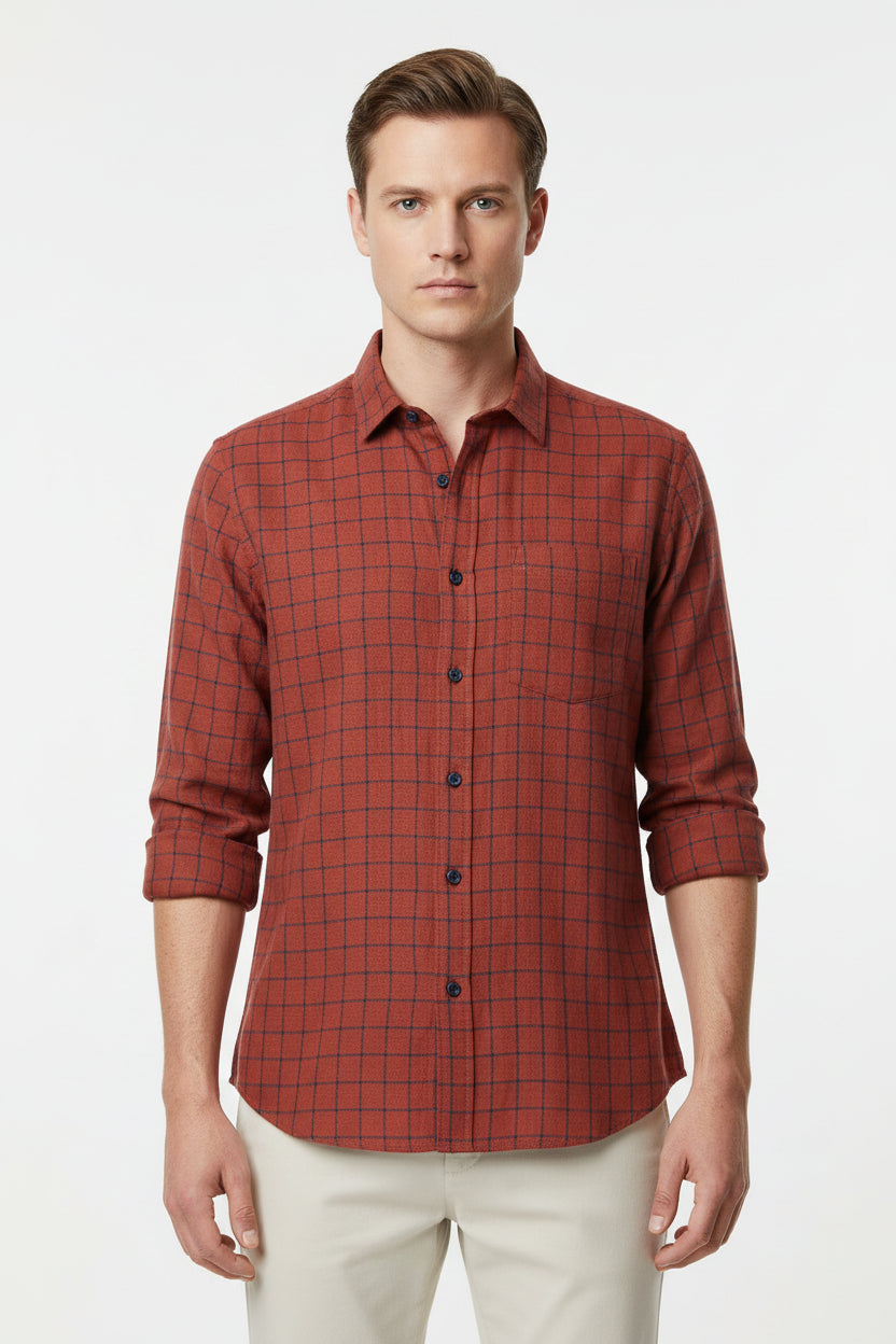 Red Arvind linen shirt fabric with premium check pattern, showcasing soft, high-quality linen material and detailed textile design.