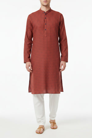 Red Arvind linen shirt fabric with premium check pattern, showcasing soft, high-quality linen material and detailed check design.