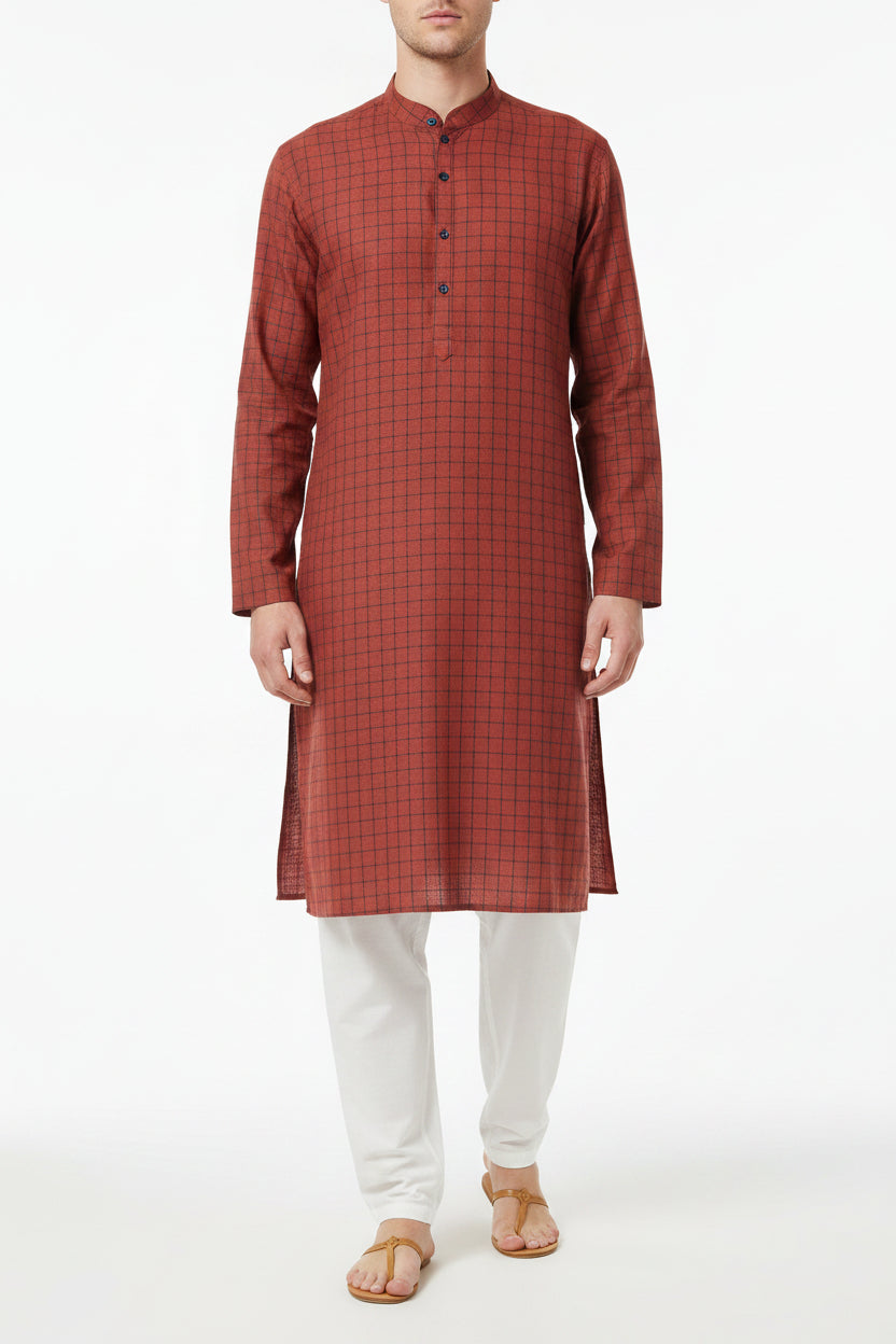 Red Arvind linen shirt fabric with premium check pattern, showcasing soft, high-quality linen material and detailed check design.