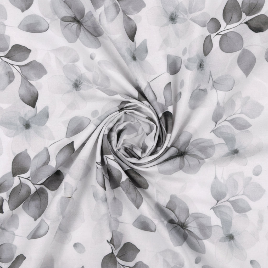 Gray and white Arvind Tresca Giza cotton shirt fabric with digital print, showcasing intricate design and soft texture.