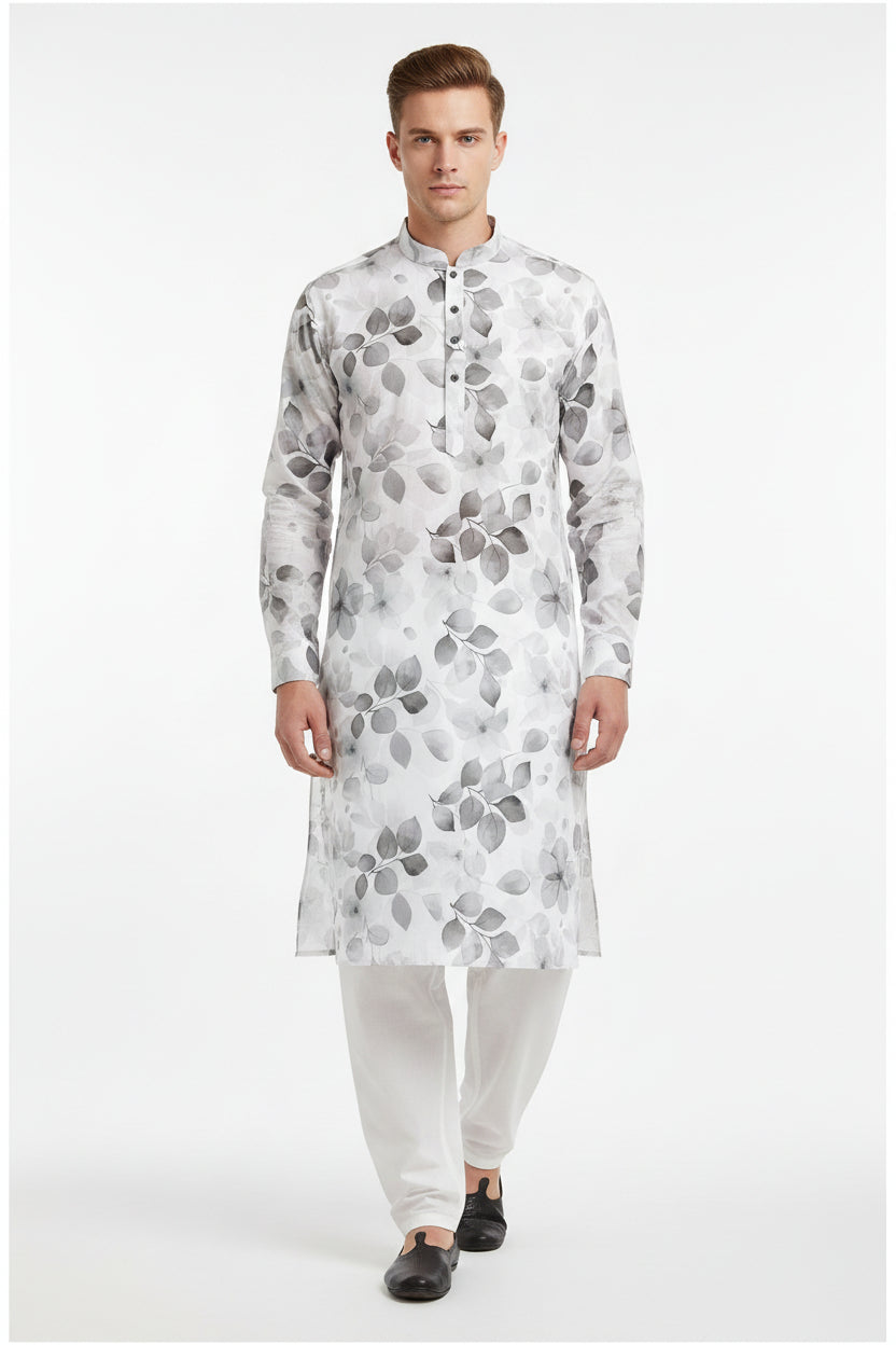 Arvind Tresca Giza cotton shirt fabric with digital grey and white print, showcasing soft, high-quality textile design.