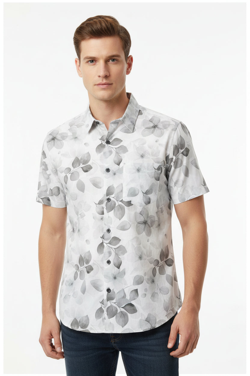 Gray and white Giza cotton shirt fabric with digital print by ARVIND Tresca, showing detailed fabric pattern and texture.