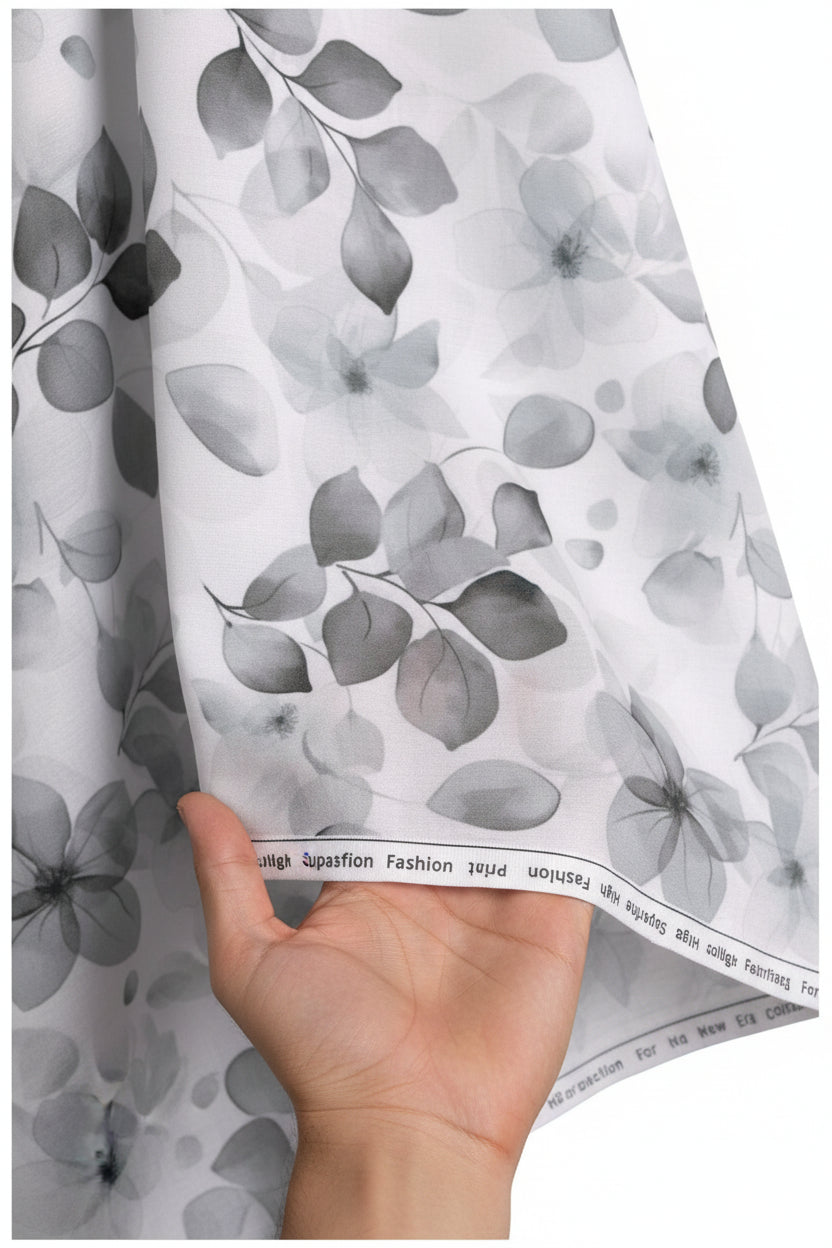 Arvind Tresca Giza Cotton digital print shirt fabric in grey and white with intricate pattern and soft texture.