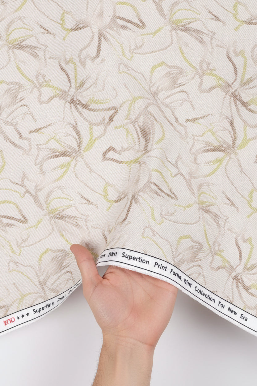 Arvind Tresca Giza Cotton fabric with digital print in peach and multicolor, showcasing vibrant textile design.